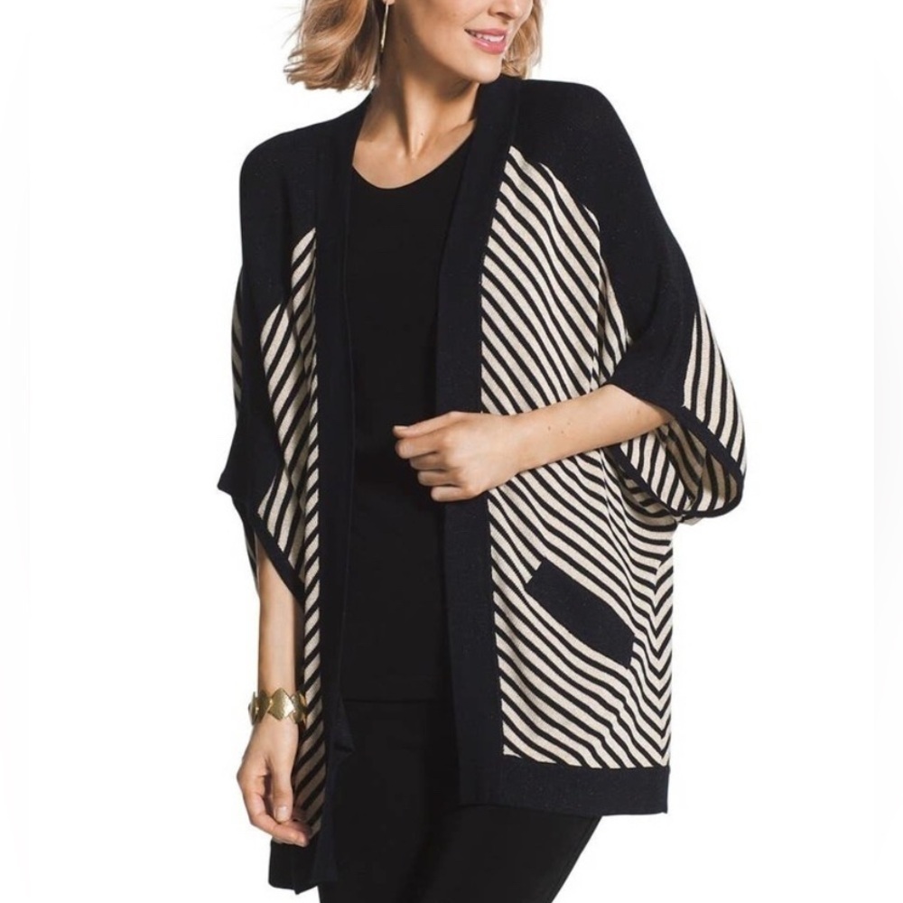 Chicos tan/black metallic open front cardigan, size 1